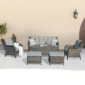 Carolina 6-Piece Gray Wicker Patio Outdoor Conversation Set with Gray Cushions