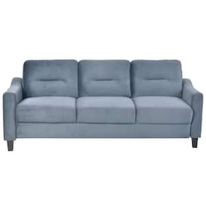 76.7 in. W Straight Arm Velvet Rectangle Sofa in Blue Gray with Rubber Wood Tapered Legs