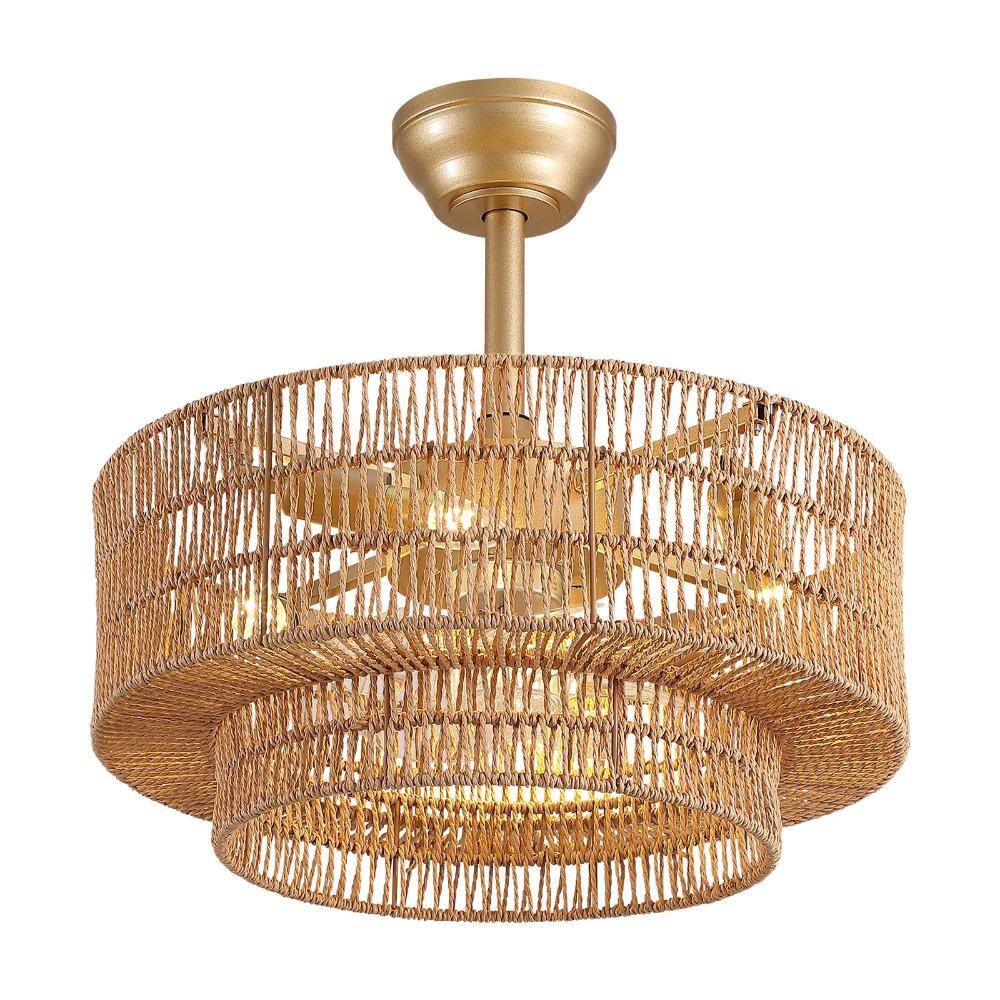 "20"" Indoor Boho Rattan Caged Ceiling Fan Light with Remote, Gold Two-layer Drum Low Profile Reversible Fandelier No Bulb" price history on PriceWatchPro
