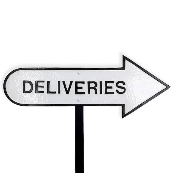 6 in. x 15.5 in. Right Arrow Deliveries Statement Plaque Sign with Lawn Stake-White/Black