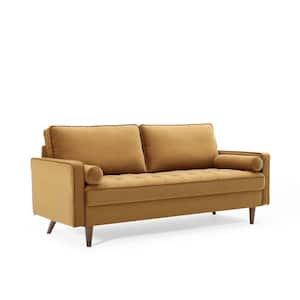 Valour 73 in. Cognac Velvet 4-Seater Tuxedo Sofa with Wood Legs