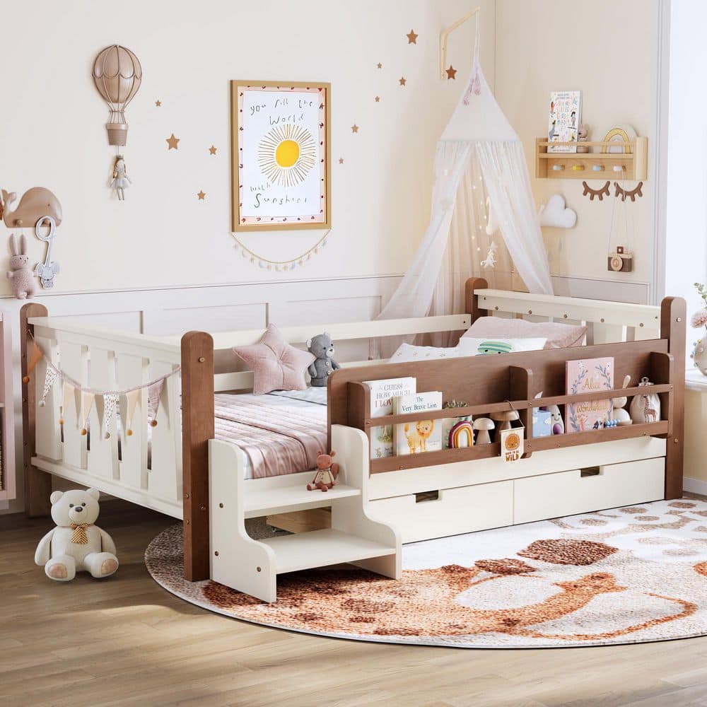 Beige Twin Size Kids Bed with Storage Bookcases and Drawers, Cute Stairs and Guardrails