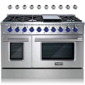 Professional 48 in. 6.7 cu. ft. 8-Burners Double Oven Gas Range with Griddle in Stainless Steel with 2-Sets of Knobs