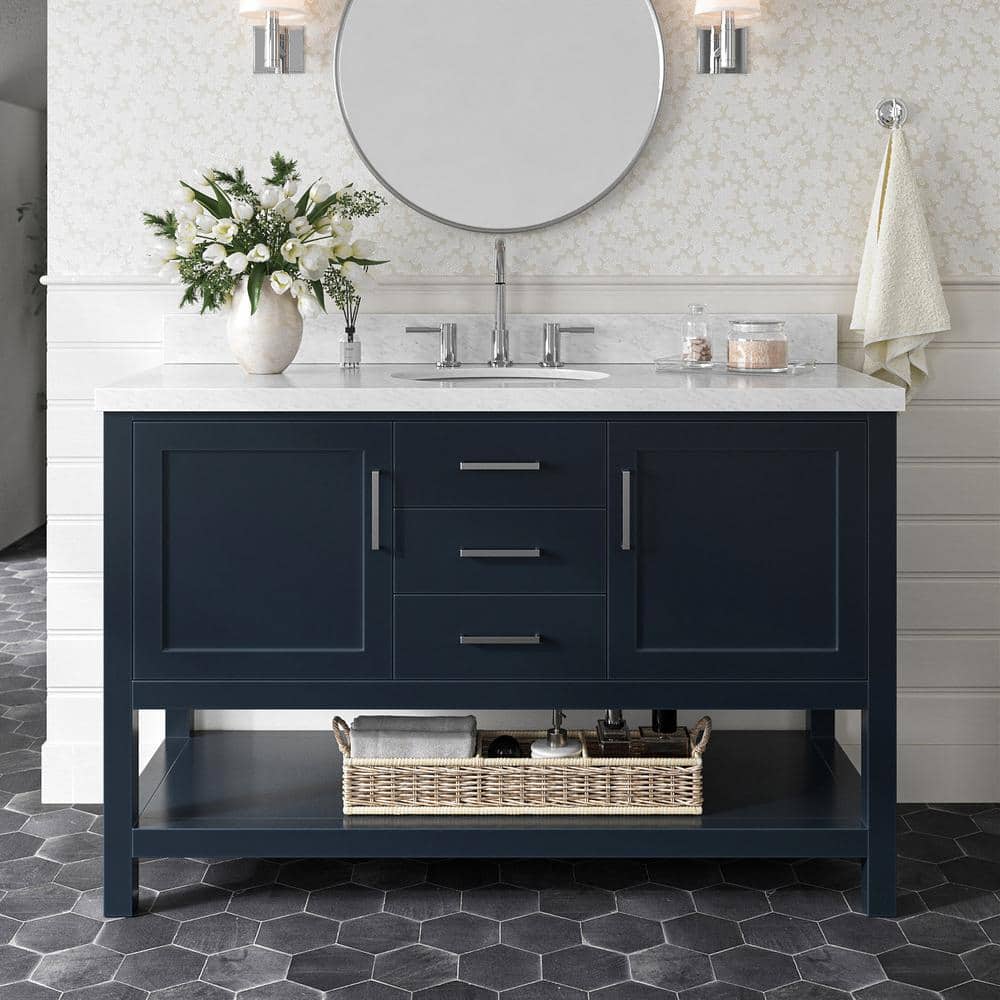 Bayhill 54 in. Single Sink Freestanding Bathroom Vanity in Midnight Blue with Carrara White Marble Top price history on PriceWatchPro