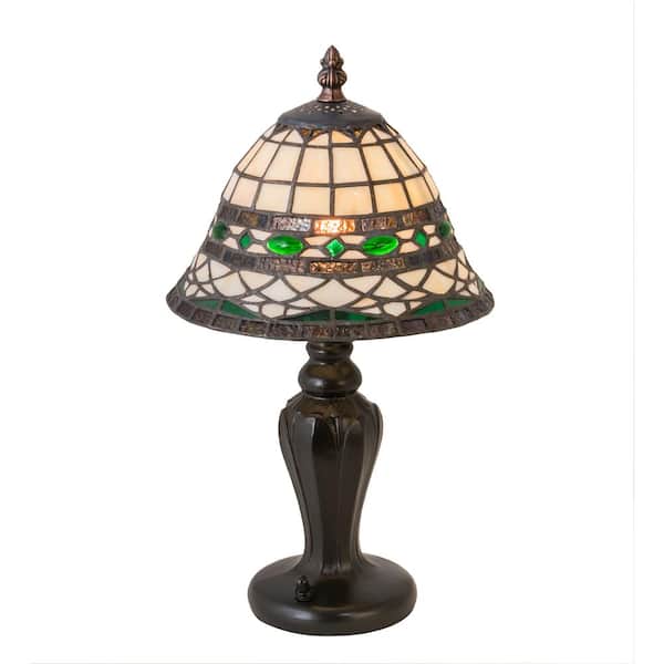 MEYDA Roman 15 in. Mahogany Bronze Victorian Mini Table Lamp with Multicolored Stained Glass Shade