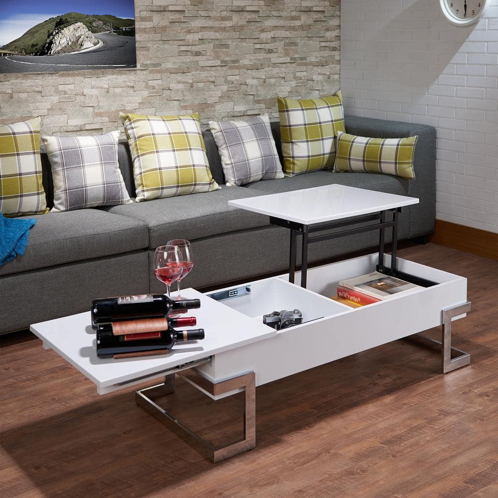 Calnan 48'' Rectangular White Wood & Chrome Lift-Top Coffee Table with Storage