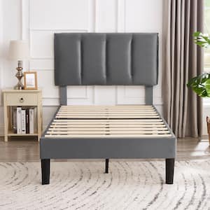 Upholstered Bedframe, Gray Metal Frame Twin Platform Bed with Adjustable Headboard, Wood Slat, No Box Spring Needed