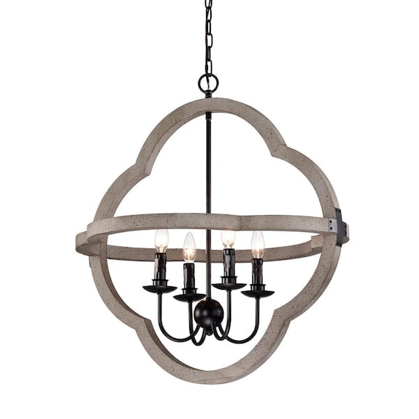 Edvivi 4-Light Slate Wood and Black Finish Farmhouse Geometric Pendant Chandelier for Living Dining Room with No Bulb Included