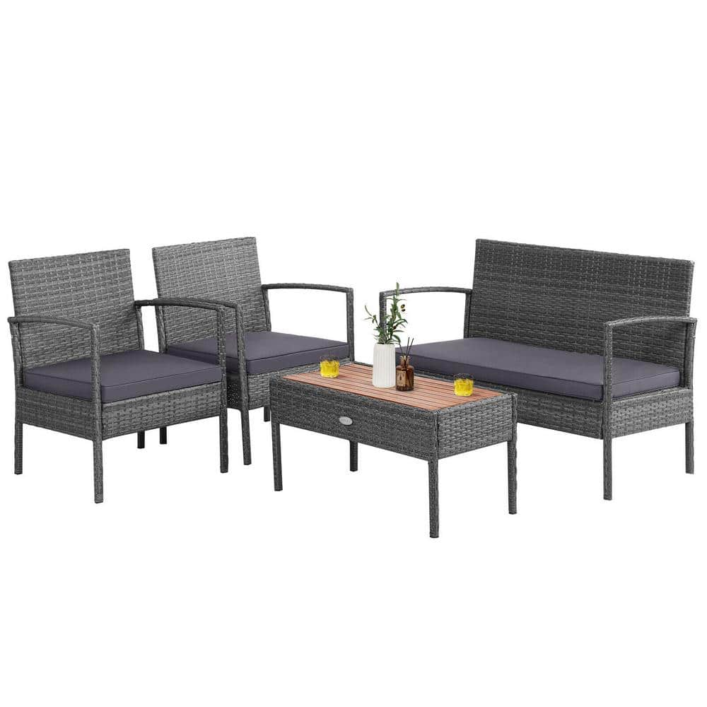 4 Pieces Rattan Wicker Patio Conversation Furniture Set with Gray Cushions 
