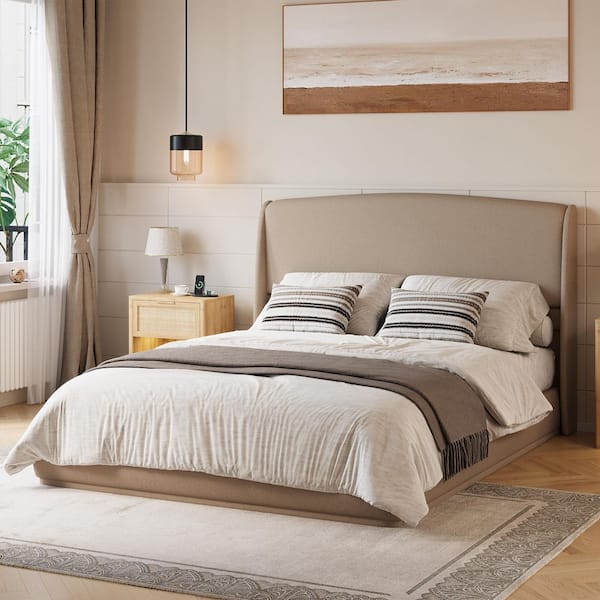 Kaden Brown Wood Frame Linen Upholstered Queen Size Platform Bed with Wingback Headboard