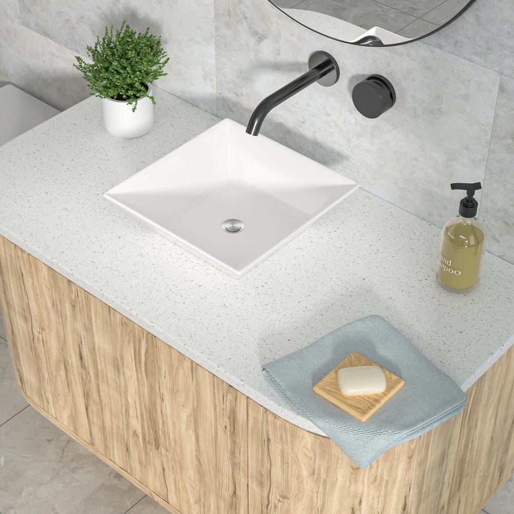 White Ceramic Square Above-Counter Vessel Sink with Reno-Gloss Finish