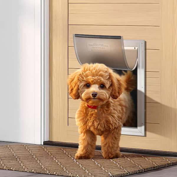Pet Door, 13.27 x 20.04 in. Aluminum Frame with Lock and Flap System, Weatherproof Doggy Door, Door Mounted, White-L