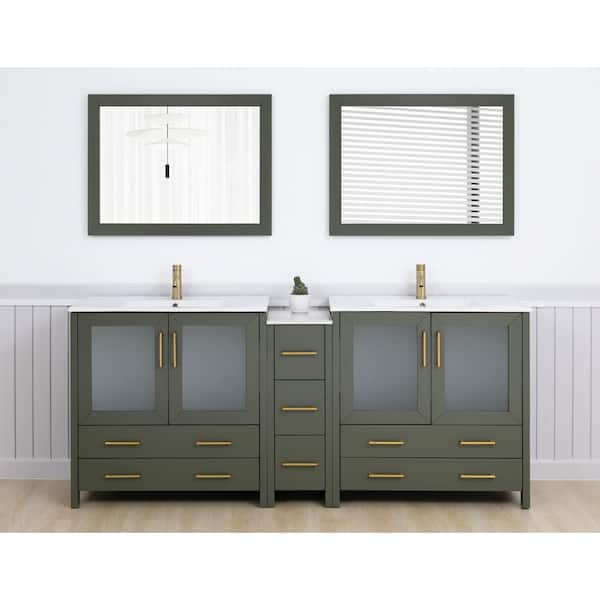 84 in. W x 18 in. D x 36 in. H Vintage Green Bath Vanity with White Ceramic Top and Mirror