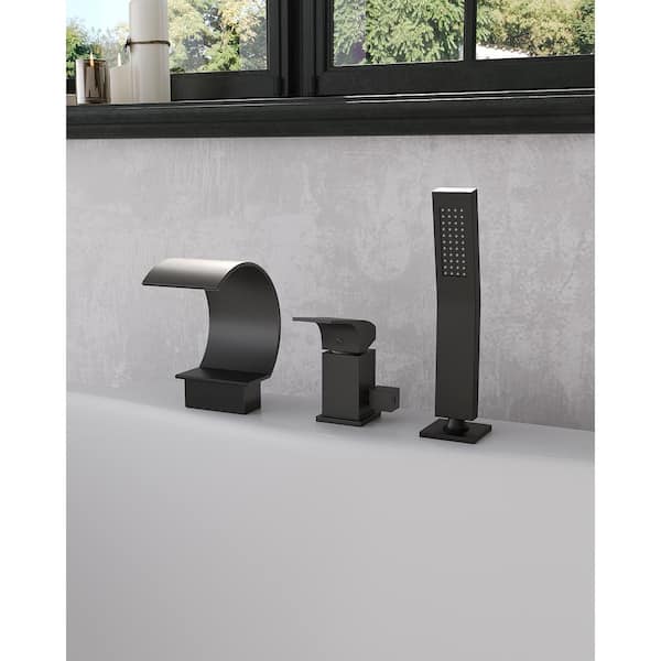EVERSTEIN Single-Handle Tub-Mount Roman Tub Faucet with Hand Shower in Matte Black
