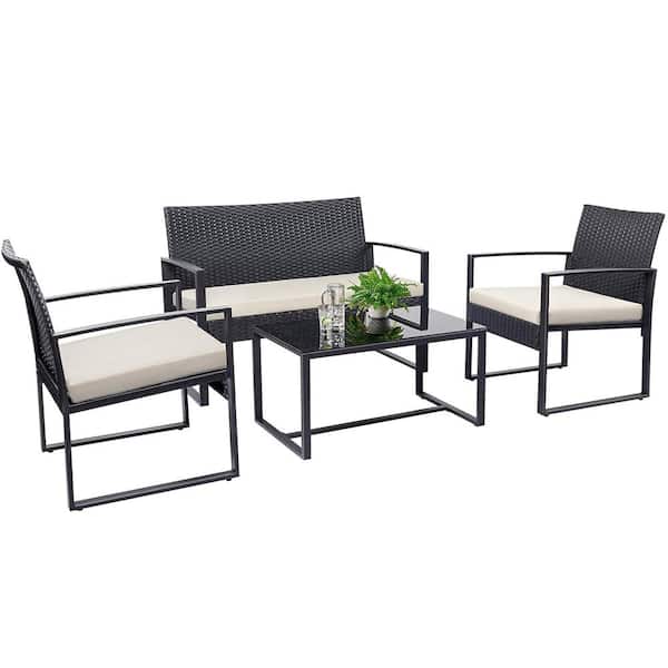 Tozey 4-Piece Wicker Outdoor Patio Deep Seating Set with White Cushions and Coffee Table