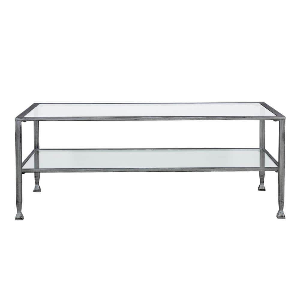 Southern Enterprises Galena 49 in. Metallic Silver Large Rectangle Glass Coffee Table with Shelf