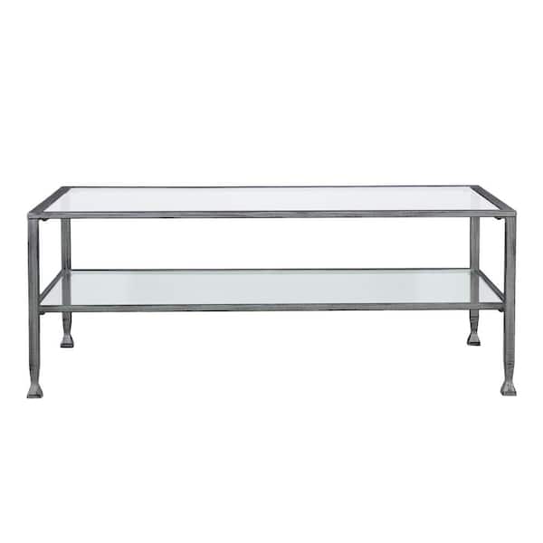 Southern Enterprises Galena 49 in. Metallic Silver Large Rectangle Glass Coffee Table with Shelf