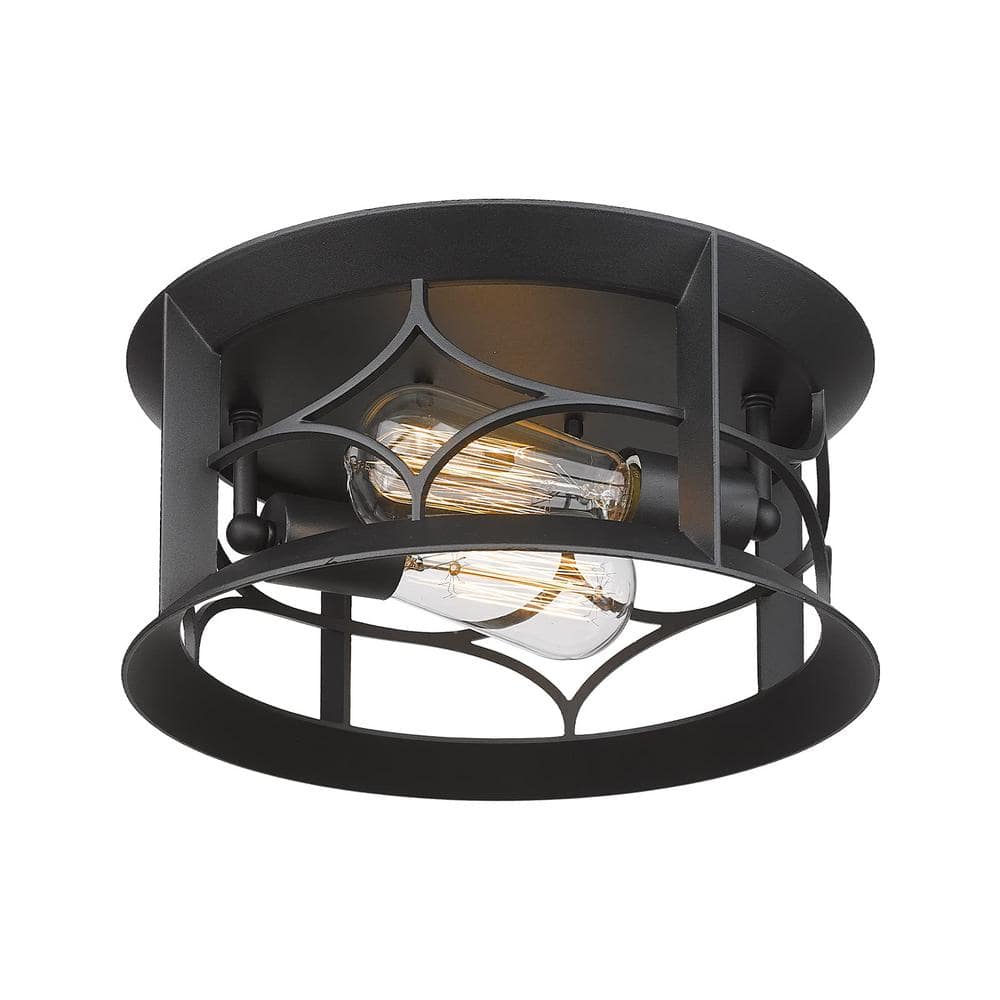 JAZAVA 11.8 in. 2-Light Black Round Cage Flush Mount Ceiling Light