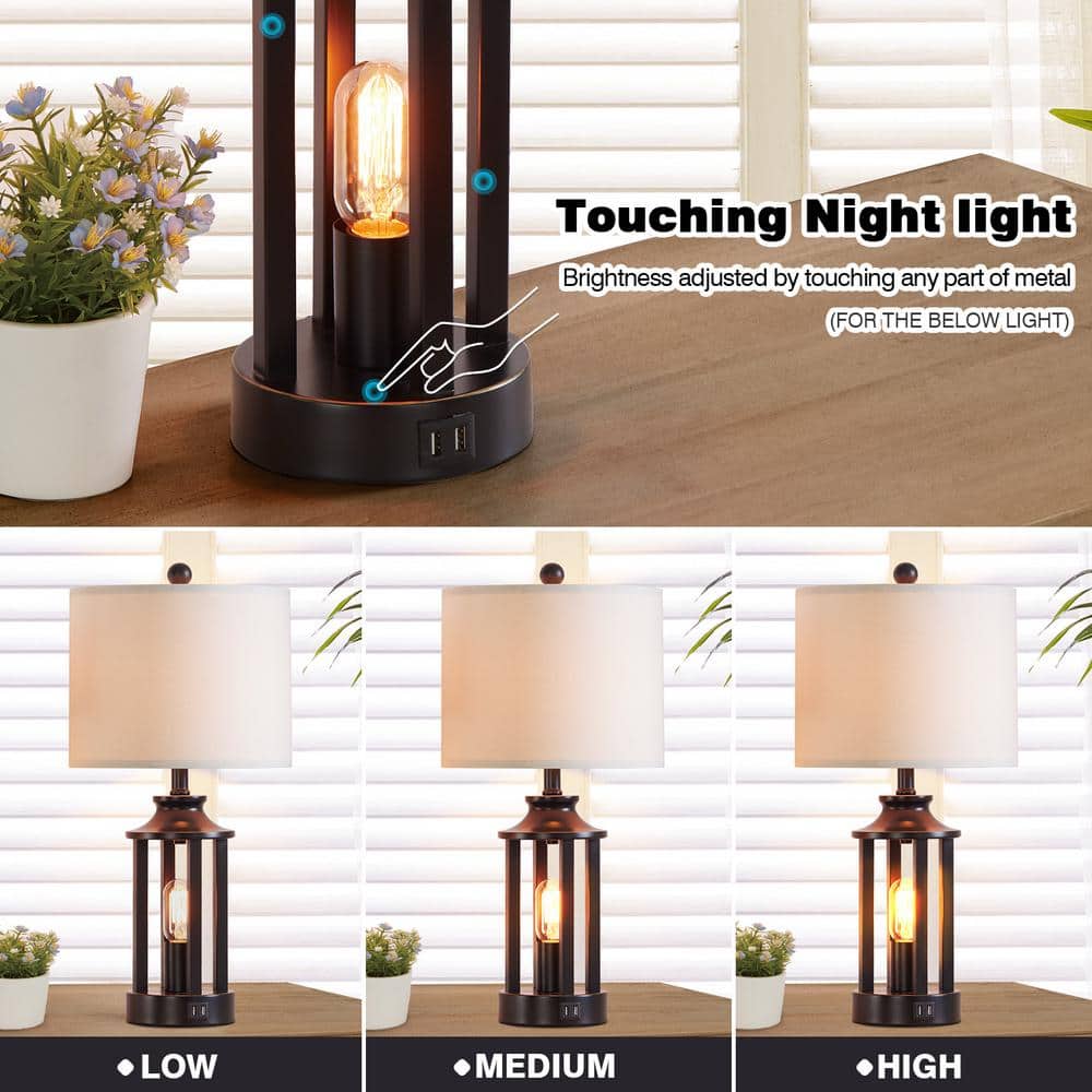 23.6" Black Matte Metal Table Lamp Set with White Linen Drum Shade