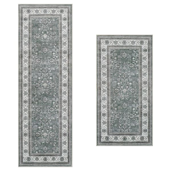 Finley Dusty Green 2 ft. x 6 ft. Woven Oriental Polyester 2-Piece Set Area Rug