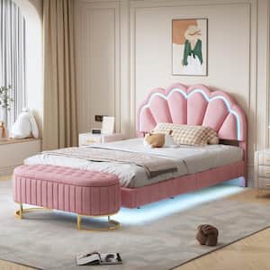 2-Piece Pink Full Wood Bedroom Set Velvet Upholstered LED Platform Bed Frame with Storage Ottoman