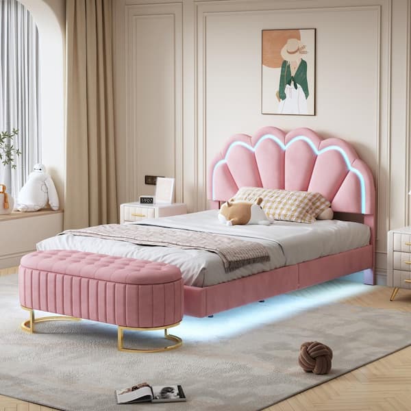 2-Piece Pink Full Wood Bedroom Set Velvet Upholstered LED Platform Bed ...