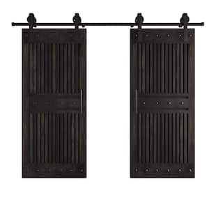 72 in. x 84 in. Half Grille Design Embossing Black DIY Knotty Wood Double Sliding Door With Hardware Kit
