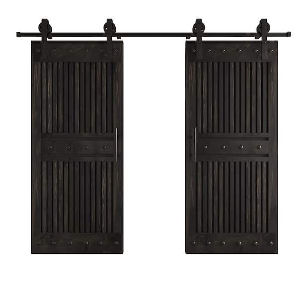 COAST SEQUOIA INC 72 in. x 84 in. Half Grille Design Embossing Black DIY Knotty Wood Double Sliding Door With Hardware Kit