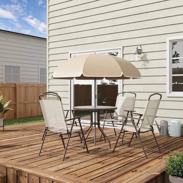 Unbranded 6-Piece Outdoor Steel Dining Set with Patio Umbrella, Tempered Glass Table and 4 Folding Chairs for Yard and Garden