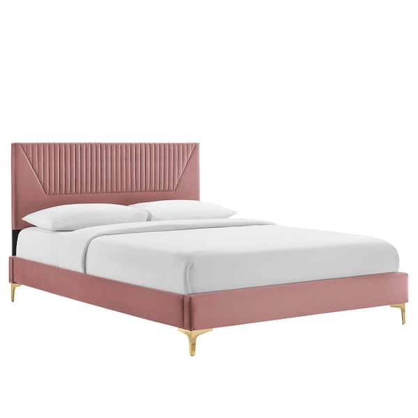 MODWAY Yasmine Dusty Rose Red Channel Tufted Performance Velvet Frame Queen Platform Bed