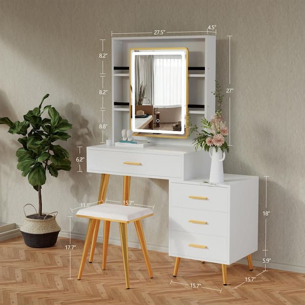 5-Drawers White Wood Makeup Vanity Set Dressing Desk W/ Stool, LED Round  Mirror and Storage Shelves 52x 31.5x 15.7 in.