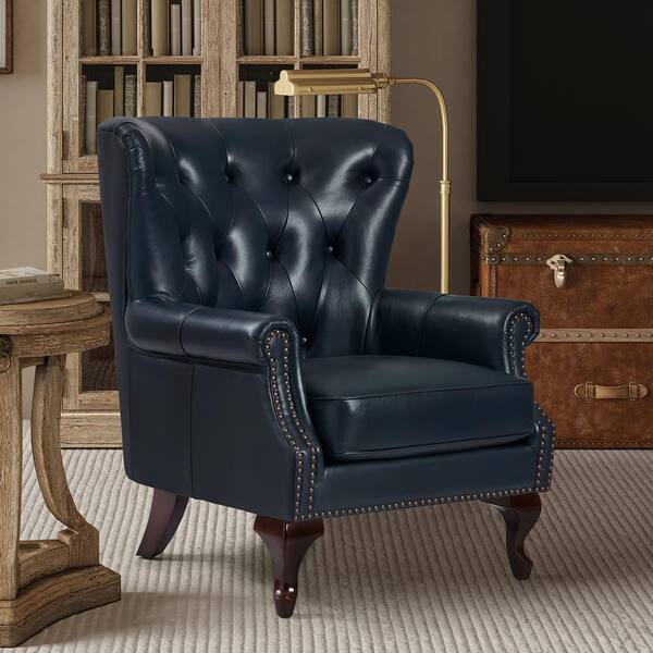 JAYDEN CREATION Eberhard Navy Genuine Leather Arm Chair with