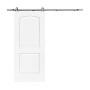 36 in. x 80 in. White Primed Composite MDF 2-Panel Round Top Interior Sliding Barn Door with Hardware Kit