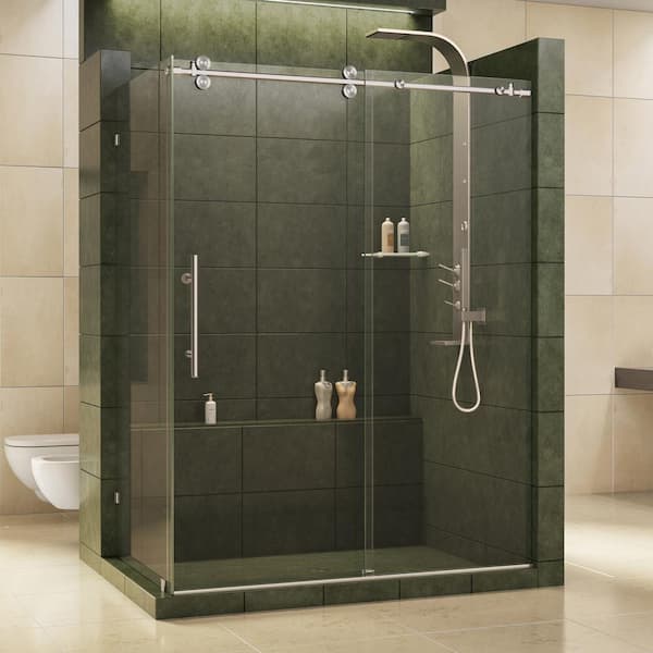 DreamLine Enigma 36 in. x 60-1/2 in. x 79 in. Frameless Corner Sliding Shower Enclosure in Brushed Stainless Steel