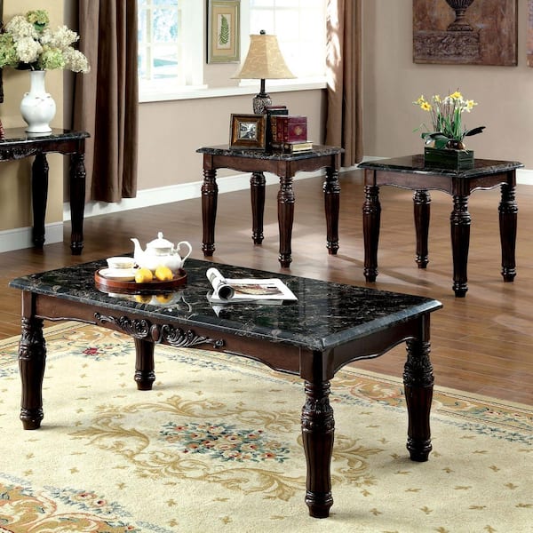 Furniture of America Lawry 48 in. Espresso Rectangle Faux Marble Coffee Table Set (3-Piece)