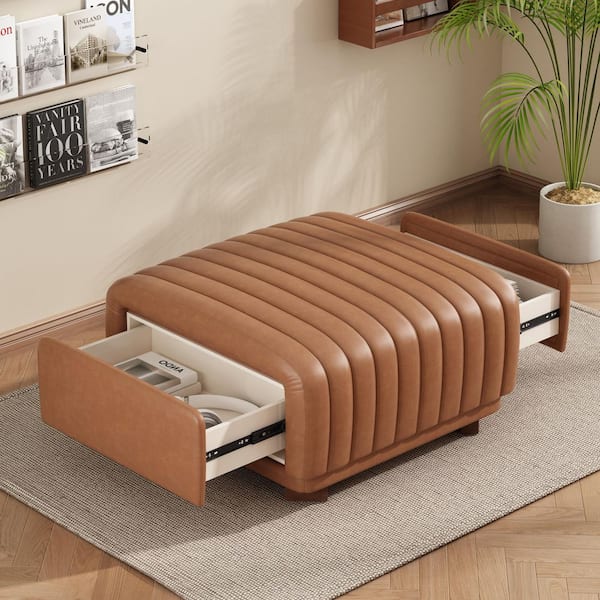 CHRISTOPHER KNIGHT HOME Basil Brown Faux Leather Upholstered Tufted Rectangle Accent Ottoman with Drawers, Wood Frame