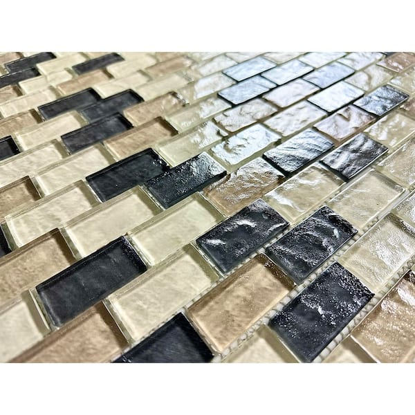 Southwestern Style Cream and Black Brick Mosaic 10 in. x 11 in. Textured Glass Wall and Pool Tile (9.12 sq.ft./Case)