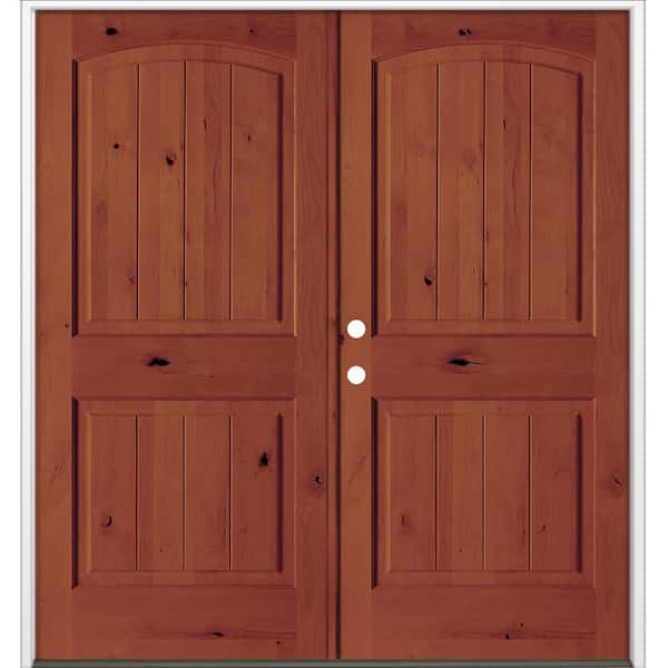 60 in. x 80 in. Rustic Knotty Alder Arch Top VG Right-Hand/Inswing BEHR Amaretto Stain Double Wood Prehung Front Door