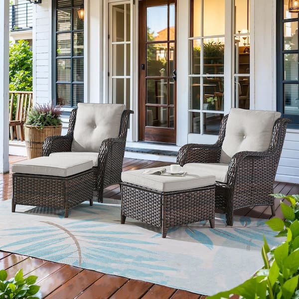 Opohoro ArcoBay 4-Piece Brown Wicker Outdoor Lounge Chairs Patio Armchairs with Beige Cushions and Ottomans