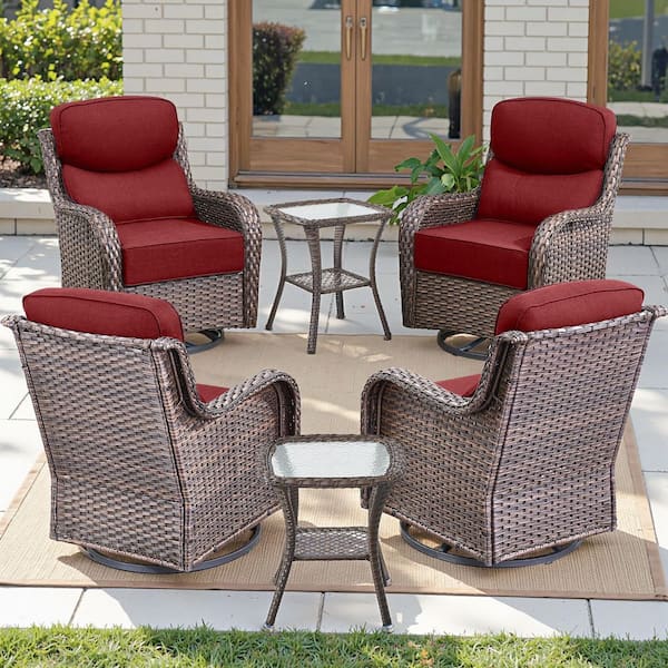 Jhxl Series 6-Piece Brown Wicker Patio Conversation Deep Seating Set with Red Cushions