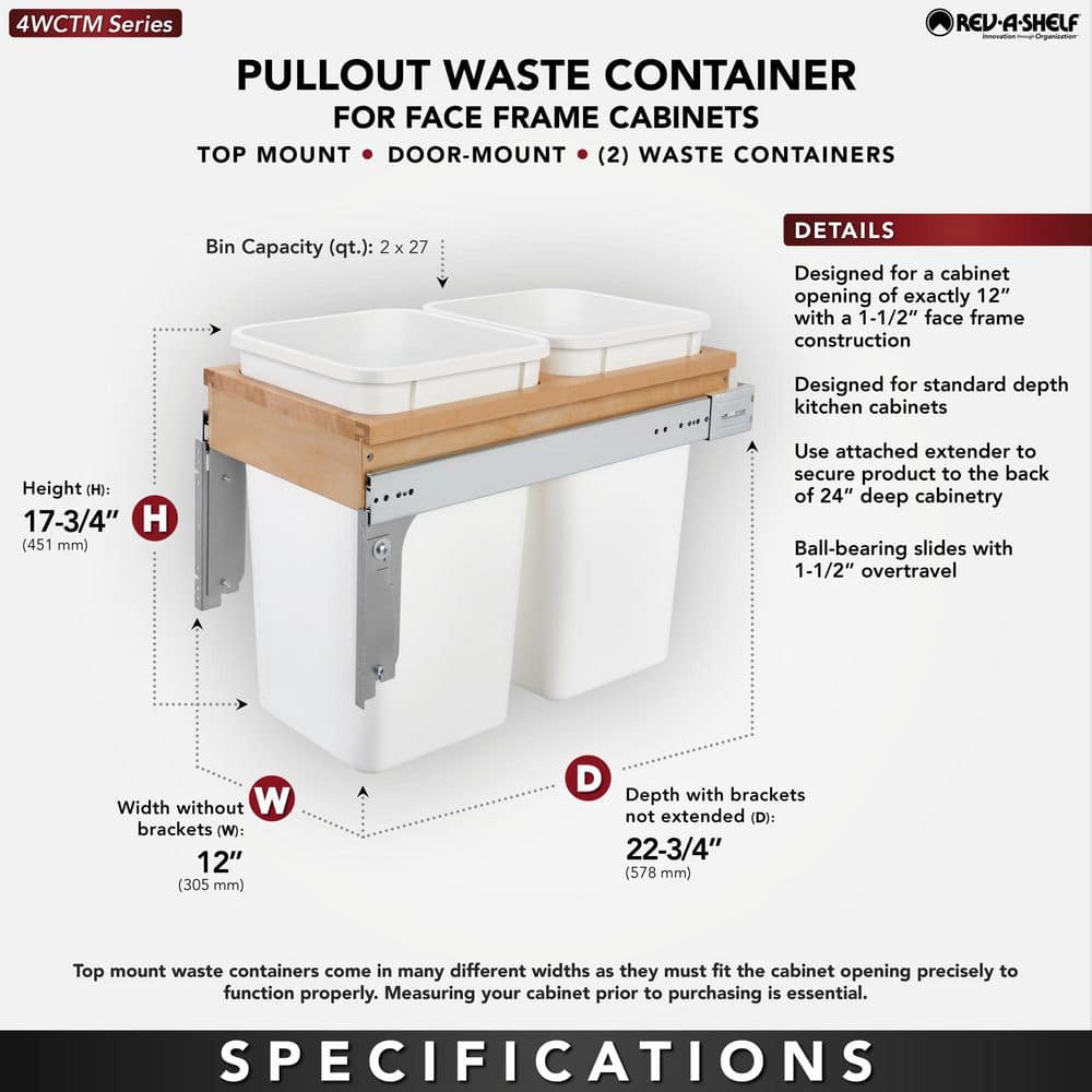White Double Pull-Out Trash Bin with Maple Mount