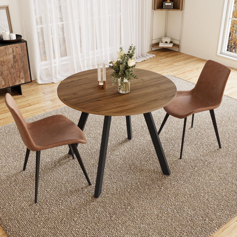 3-Piece 34.6 in. Modern Round Dining Table with Leather Chairs(Walnut Table+2 Brown Chairs)