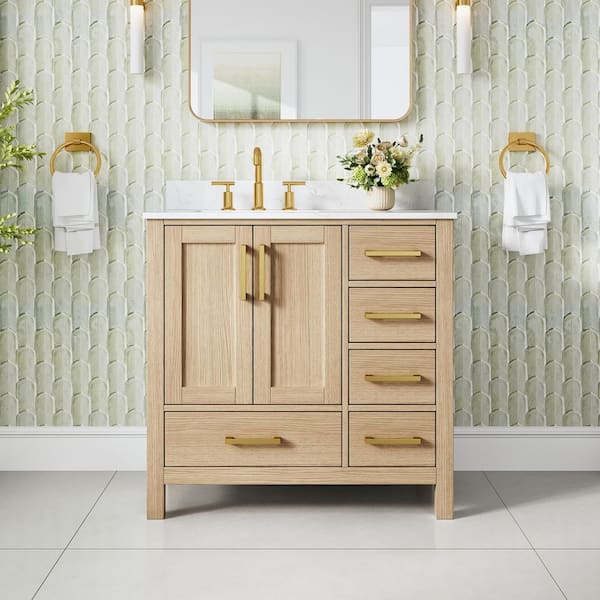 36 in. Freestanding Oak Solid Wood Bath Vanity with Durable Carrara White Cultured Marble Top, Soft-Close, Assembled