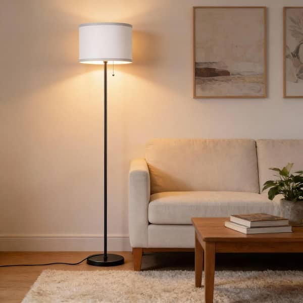 61 in. Modern 3-Way LED Torchiere Floor Lamp with White Lampshade, Black