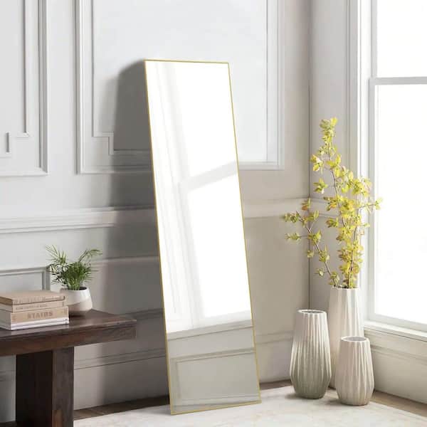 Gold-Rect 21 in. W x 64 in. H Rectangle Floor Standing Mirror, Wall Mirror with Stand Aluminum Alloy Thin Frame