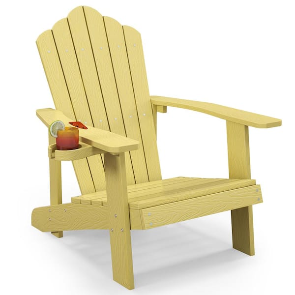 Gymax Patio HIPS Yellow Outdoor Weather Resistant Slatted Chair Adirondack Chair with Cup Holder