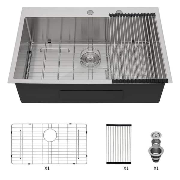 33 in. Drop-In Single Bowl 16 Gauge Brushed Nickel Stainless Steel Topmount Kitchen Sink Basin