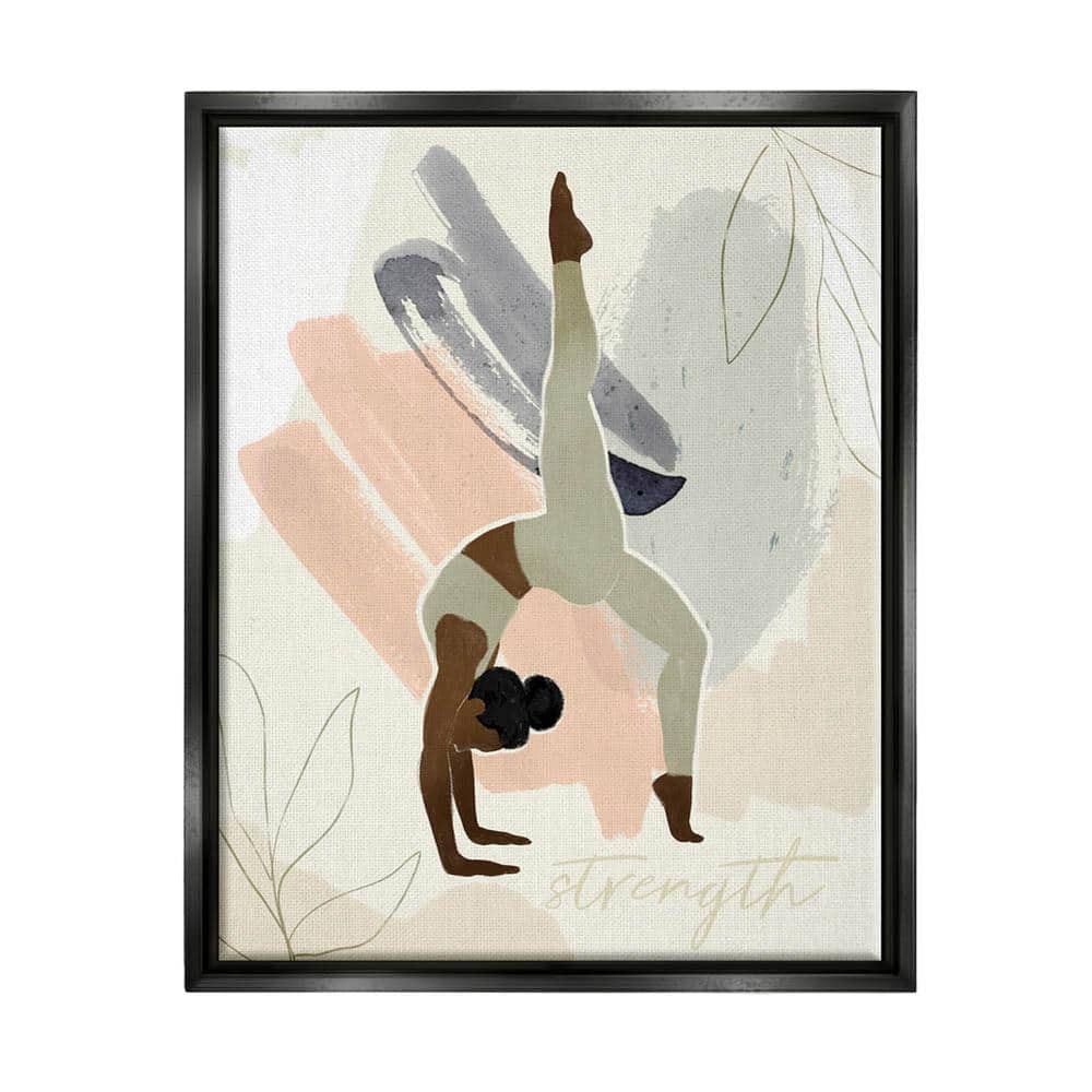 The Stupell Home Decor Collection Stretching Yoga Pose Strength Text Floral Border by Victoria Barnes Floater Frame People Wall Art Print 21 in. x 17 in., Beige -  am002_ffb_16x20