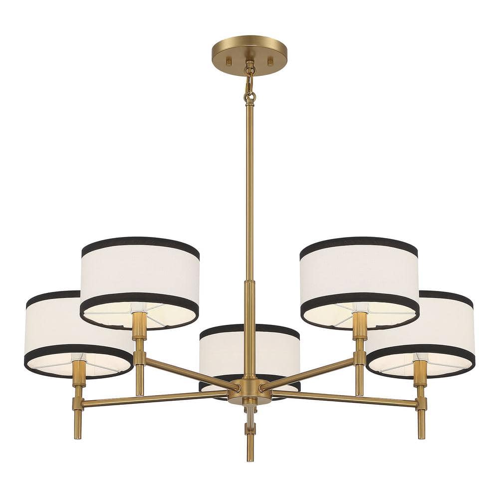 Meridian Classic 5-Light Chandelier in Natural Brass with Two-Tone Drum Shades