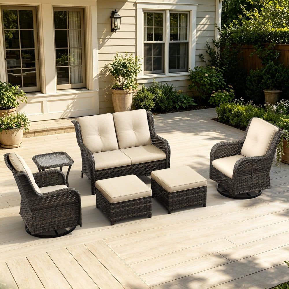 6-Piece Wicker Outdoor Patio Conversation Set Sectional Sofa with Ottomans, Swivel Rocking Chair and Beige Cushions price history on PriceWatchPro